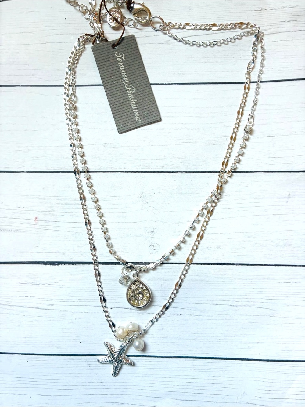 New NWT Tommy Bahama Silver Layered Starfish Pearl Rhinestone Necklace $58 Tag
